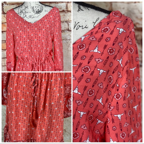 ❌NWT Hippie Indie Bohemian Red Rose Blouson Dress - Picture 4 of 14